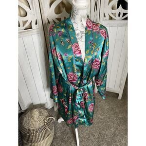 Kathryn Robe Womens Large Green Satin Pink Floral Bathrobe Kimono Vintage
